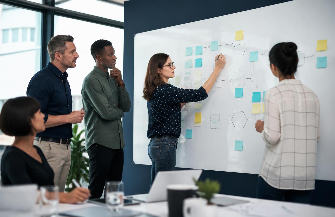 Advisory team mapping a business process on a whiteboard