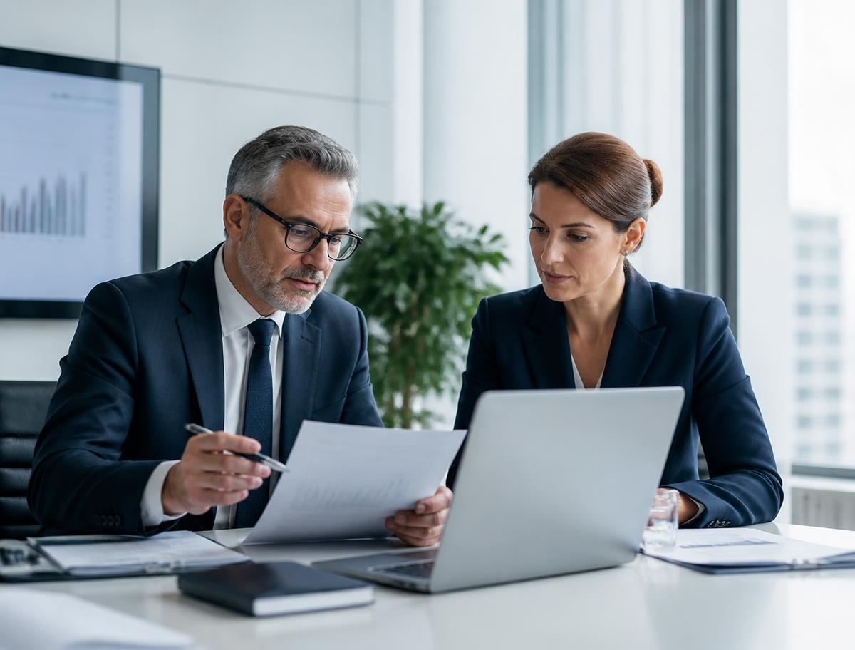 Two executives reviewing reporting and analysis in a boardroom
